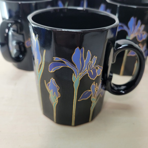 Otagiri Blue Iris Coffee Mugs Set of 5 Black Floral Japan Vintage - Picture 5 of 7